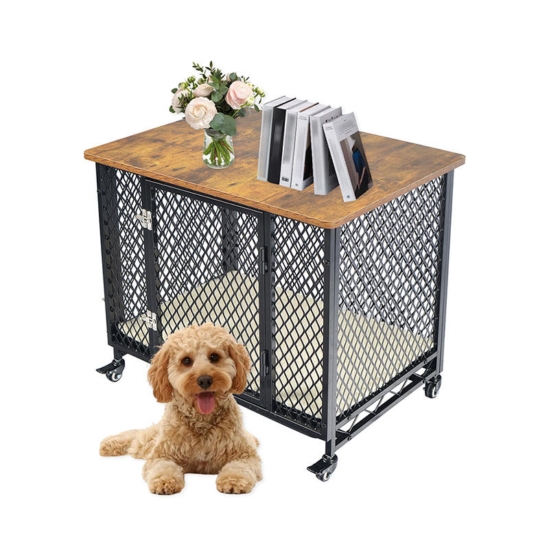 Bútor stílusú nagy fa kutya ketrec kerekekkel és párnával Bútor stílusú nagy fa kutya ketrec kerekekkel és párnával