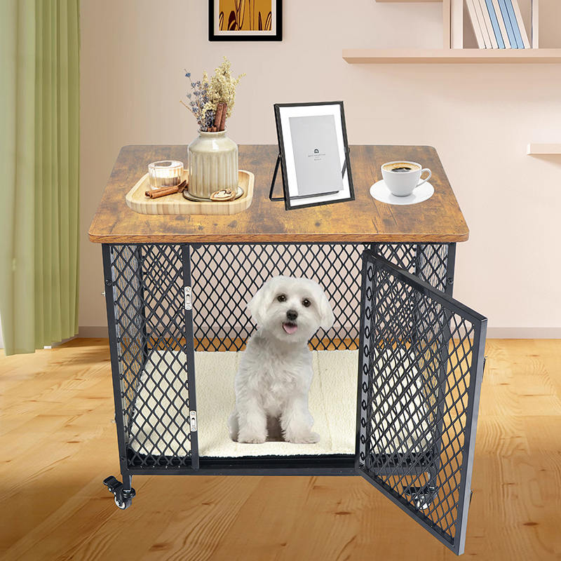 Bútor stílusú nagy fa kutya ketrec kerekekkel és párnával Bútor stílusú nagy fa kutya ketrec kerekekkel és párnával